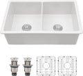 Dcolora 32''x19''x10'' White Undermount Kitchen Sink, 50/50 Split Double Bowl Fireclay Porcelain Dual Mount Ceramic Basin
