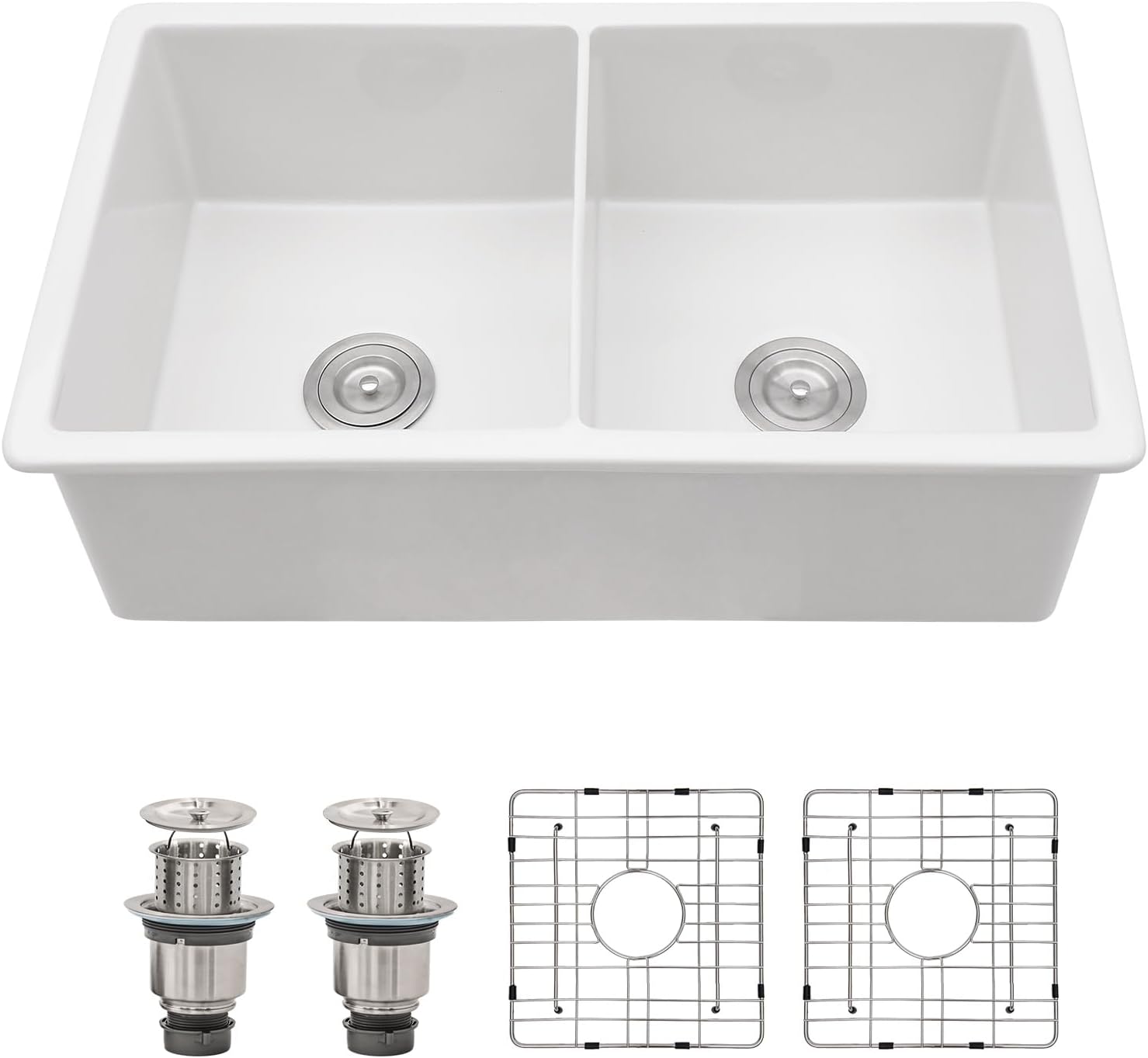 Dcolora 32 Inch White Fireclay Undermount Kitchen Sink Porcelain Double Bowl 50/50 Split Sinks Dual Mount Ceramic Sink Under Counter, 32''x19¡°x10'', DC-U7837