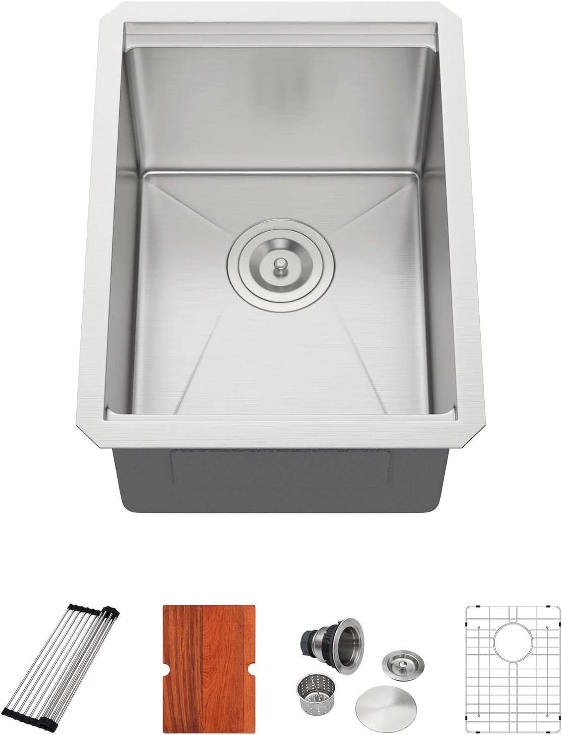 14 Undermount Bar Sink Workstation - Dcolora 14 Inch Stainless Steel Bar Prep Sink with Ledge Round Corner X Grooves Wood Cutting Board 16 Gauge Single Bowl RV Camper Kitchen Sink Basin