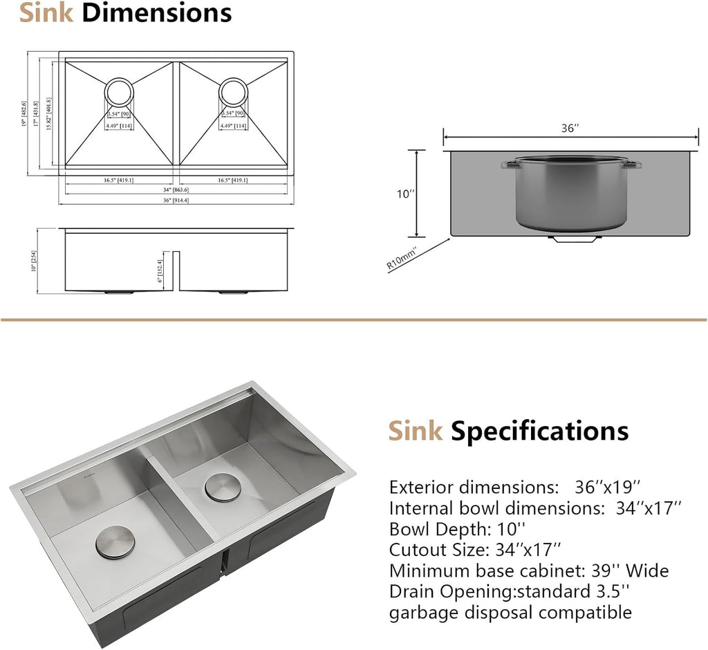 Dcolora 36''x19''x10'' Undermount Large Double Bowl Kitchen Sink, 16 Gauge Stainless Steel 50/50 Low Divide Split with Workstation