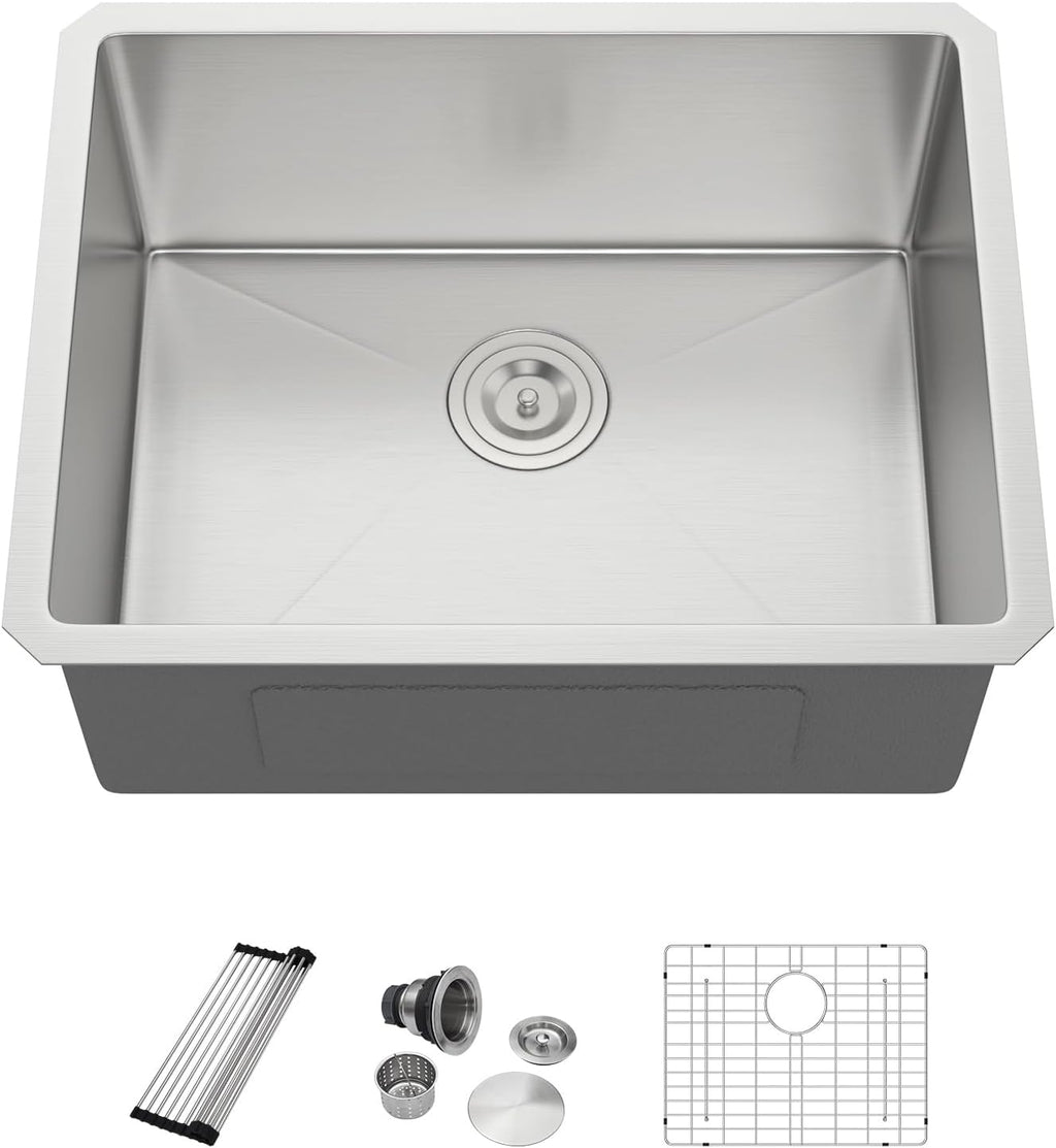 Dcolora 23''x18''x10'' Undermount Kitchen Wet Bar Sink, 16 Gauge Stainless Steel Deep Single Bowl Under Counter Basin, Rounded Corner