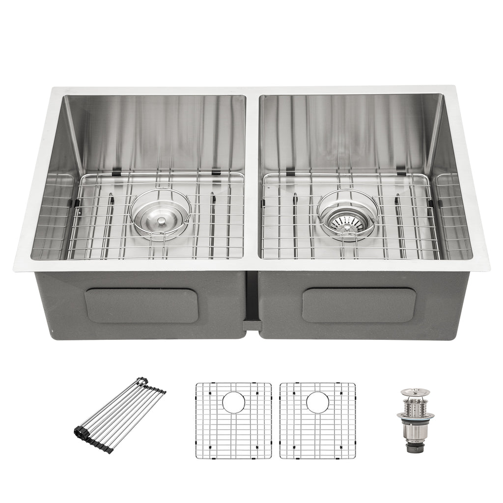 Dcolora 33''x19''x10'' Undermount Double Bowl Kitchen Sink, 16 Gauge 304 Stainless Steel 50/50 Split Large Basin, Round Corner