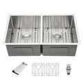 Dcolora 33''x19''x10'' Undermount Double Bowl Kitchen Sink, 16 Gauge 304 Stainless Steel 50/50 Split Large Basin, Round Corner
