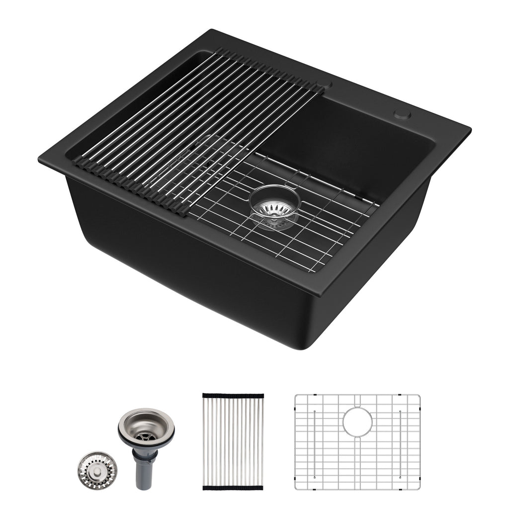 Dcolora 25''x22'' Black Quartz Drop-In Wet Bar Sink, Topmount Deep Single Bowl Prep Kitchen Basin, Round Corner