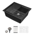 Dcolora 25''x22'' Black Quartz Drop-In Wet Bar Sink, Topmount Deep Single Bowl Prep Kitchen Basin, Round Corner