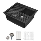 Dcolora 25''x22'' Black Quartz Drop-In Wet Bar Sink, Topmount Deep Single Bowl Prep Kitchen Basin, Round Corner