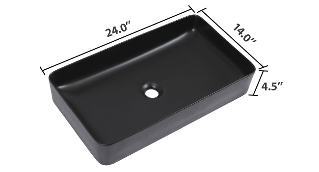 Dcolora Matte Black Rectangular Vessel Sink 24"x14" - Above Counter Ceramic Bathroom Vanity Sink Basin