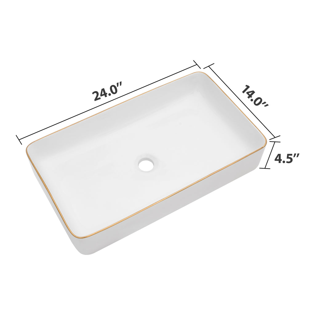 Dcolora 24''x14'' White Rectangular Vessel Sink with Gold Rim, Ceramic Porcelain Above Counter Bathroom Vanity Basin