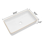 Dcolora 24''x14'' White Rectangular Vessel Sink with Gold Rim, Ceramic Porcelain Above Counter Bathroom Vanity Basin
