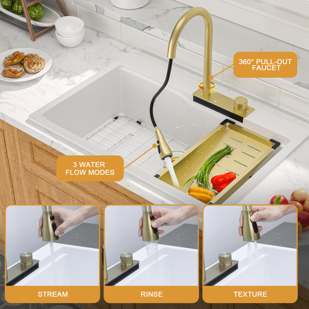 Dcolora 33''x22'' White Waterfall Smart Kitchen Sink, Drop-In Single Bowl Multifunctional Workstation Basin with Faucet