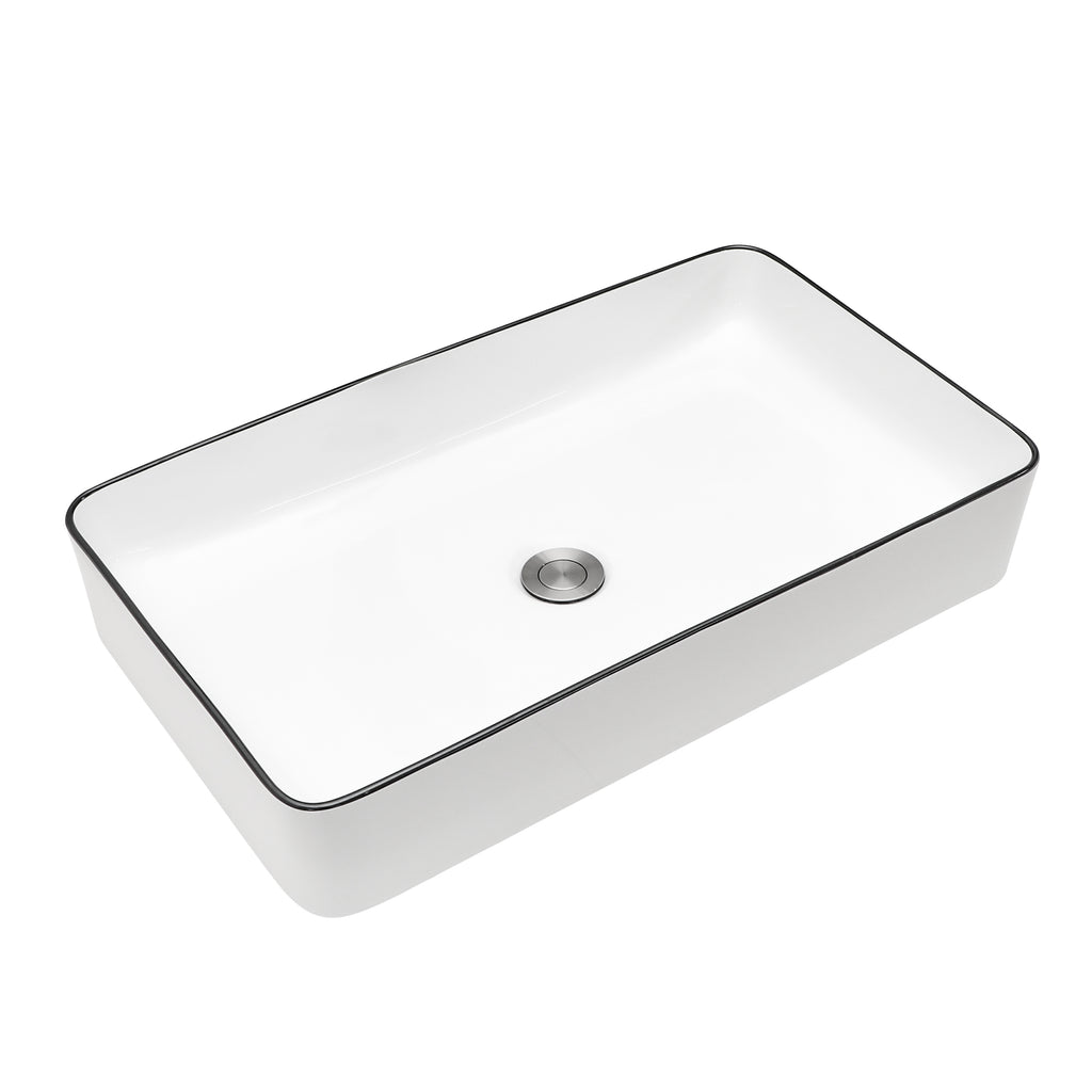 Dcolora 24''x14'' White Rectangular Vessel Sink with Black Rim, Ceramic Porcelain Above Counter Bathroom Vanity Basin