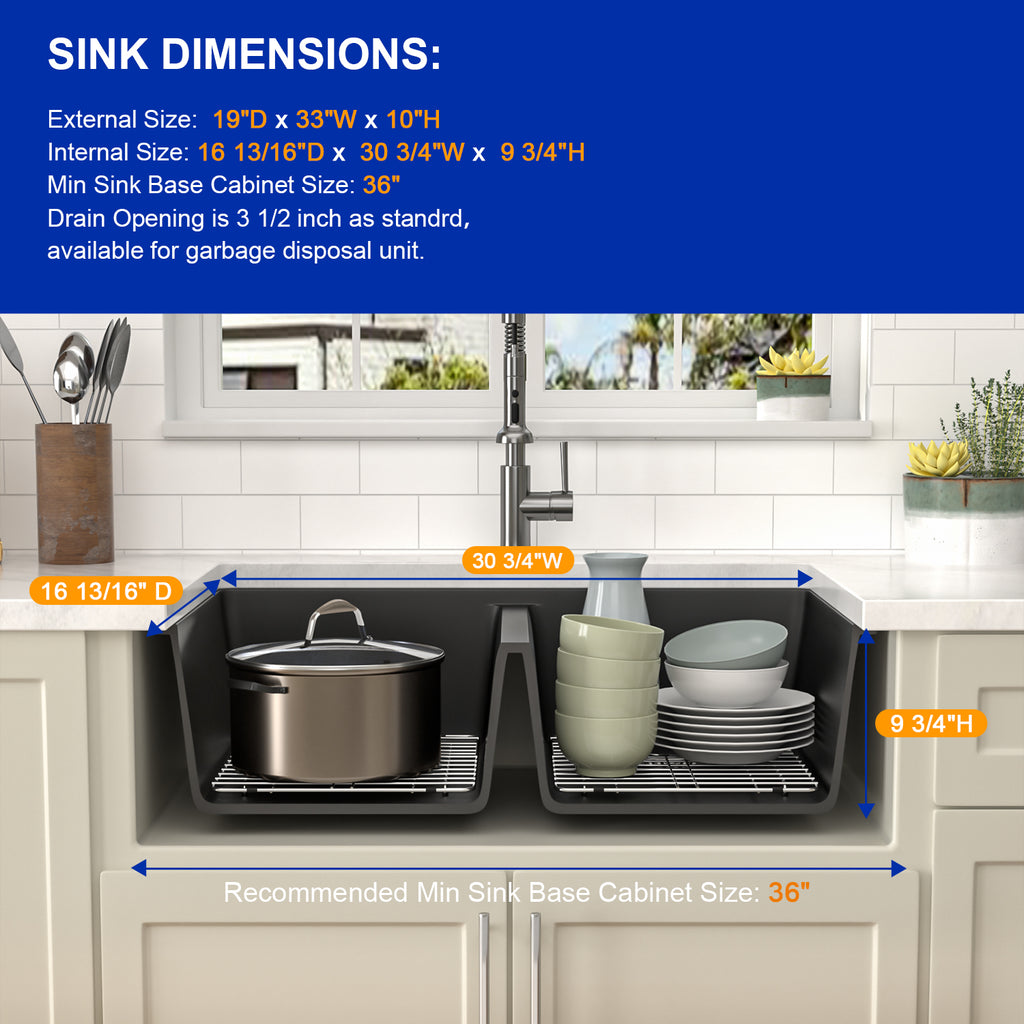 Dcolora 33'' Quartz Matte Black Granite Composite Kitchen Sink, Undermount Double Bowl Deep 50/50 Split Basin