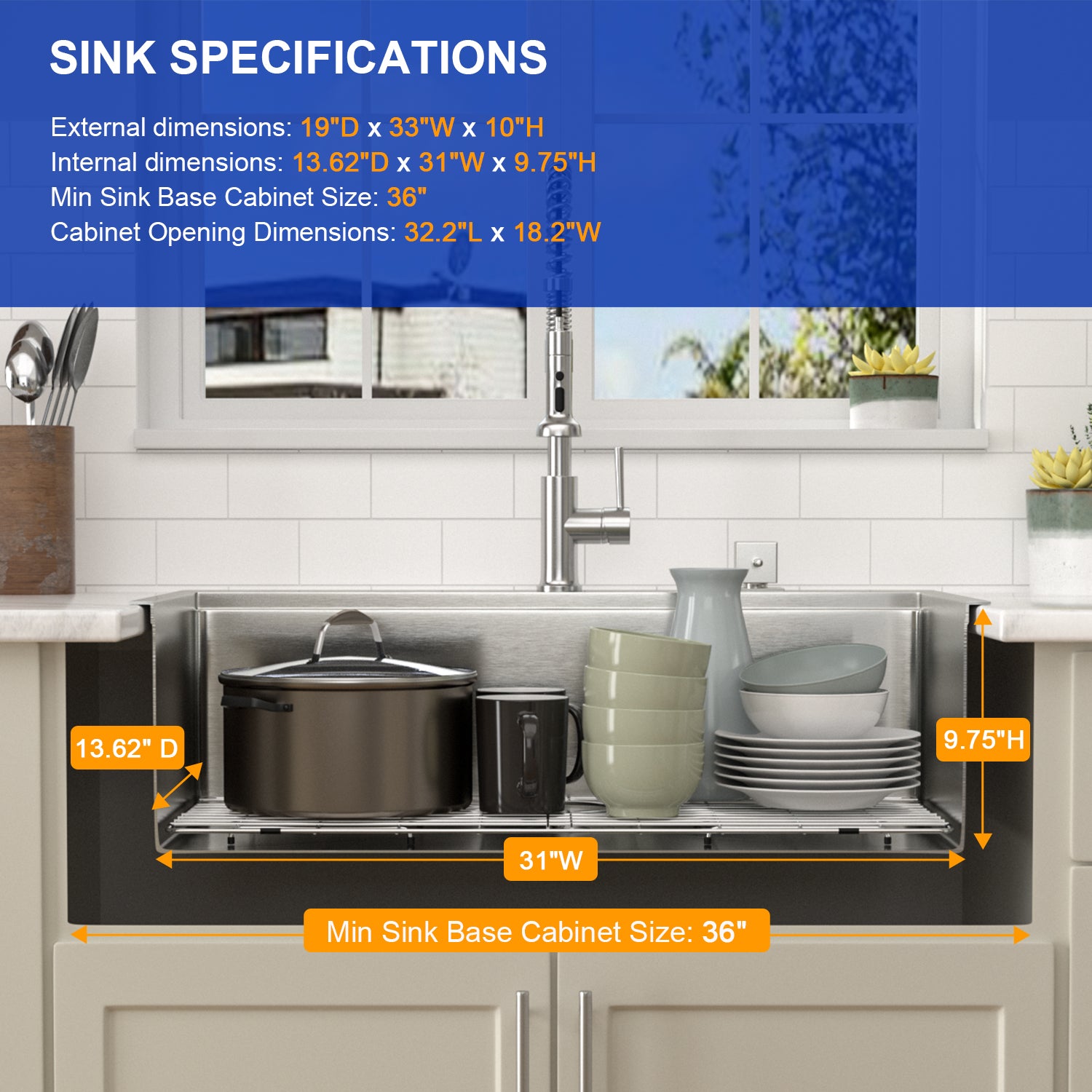 Dcolora 33x19 Kitchen Sink Drop In with Workstation Handed-Welding 16 Gauge 304 Stainless Steel Large Single Bowl Drop In Sink Top mount Brushed Nickel,DC-TW000