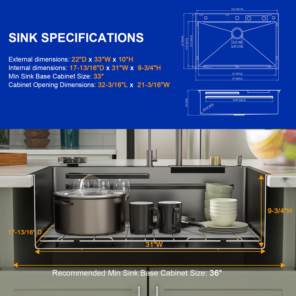 Dcolora 33''x22'' Gunmetal Black Waterfall Kitchen Sink, Smart Workstation Drop-In Single Bowl Multifunctional Top Mount Basin with Faucet Combo, 16 Gauge 304 Stainless Steel