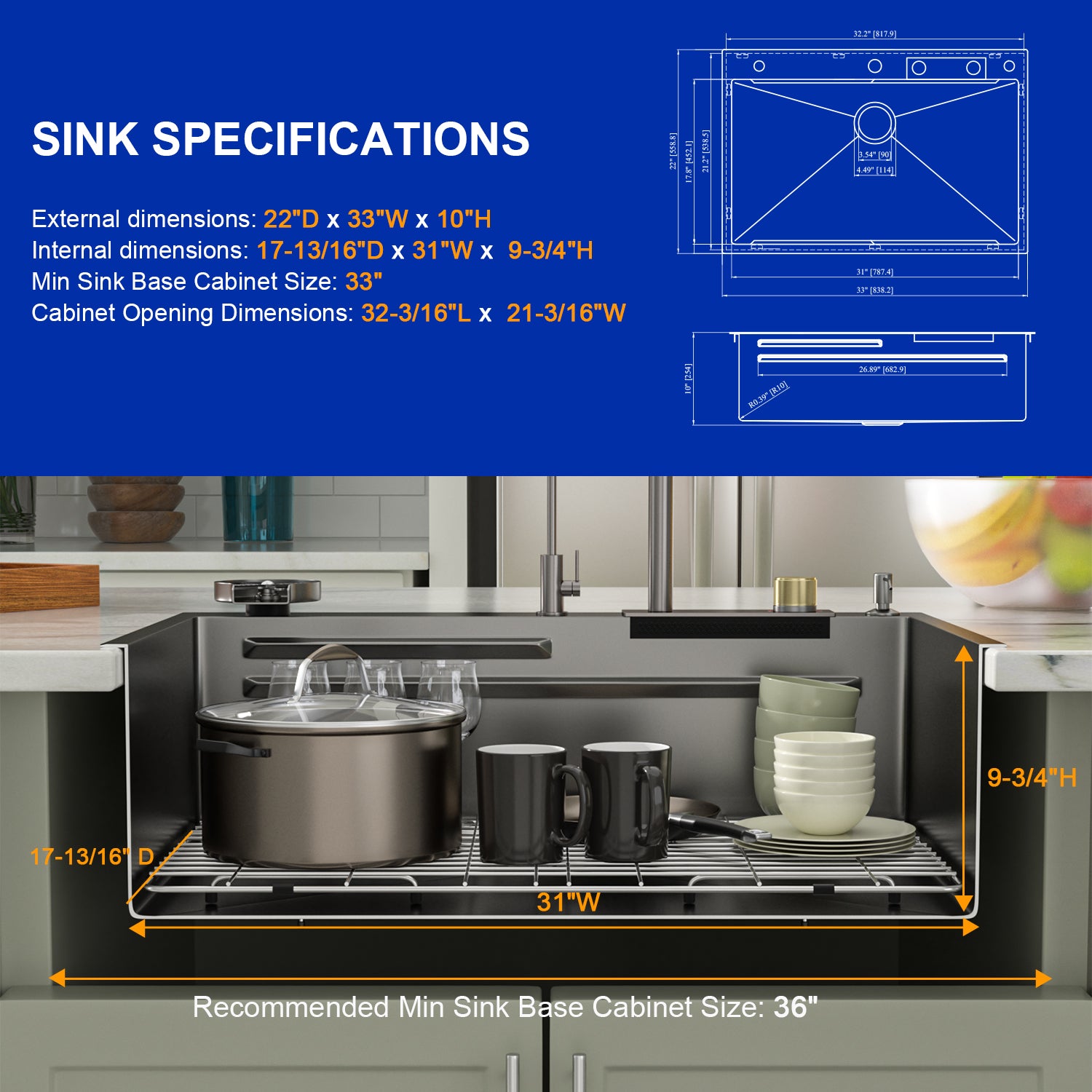Dcolora 33x22 Black Waterfall Kitchen Sink Smart Workstation Sink with Faucet Combo 304 Stainlee Steel 16 Gauge Drop In Single Bowl Multifunctional Top Mount Sink DC-FY0002, 33 inch Gunmetal Black