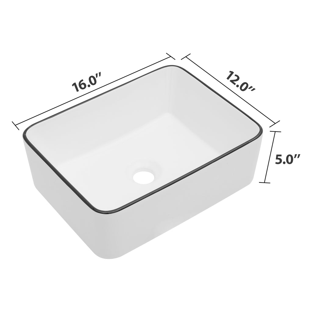 Dcolora Rectangular Vessel Sink 16"x12" - White with Black Rim Ceramic Porcelain Above Counter Bathroom Vanity Sink Basin