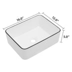 Dcolora Rectangular Vessel Sink 16"x12" - White with Black Rim Ceramic Porcelain Above Counter Bathroom Vanity Sink Basin