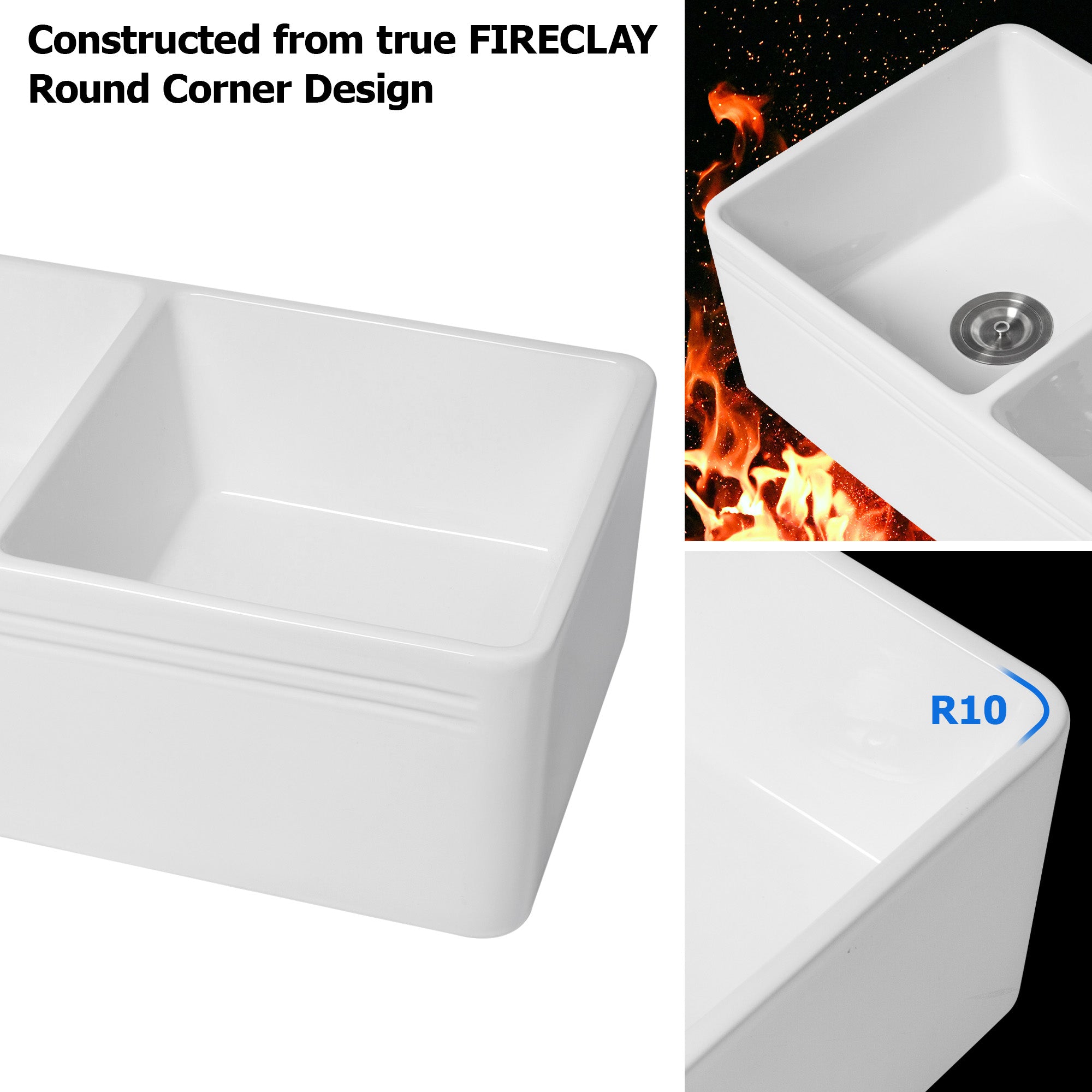 Dcolora 33'' White Farmhouse Sink, 50/50 Double Bowl Apron Front Fireclay Ceramic Porcelain Reversible Basin