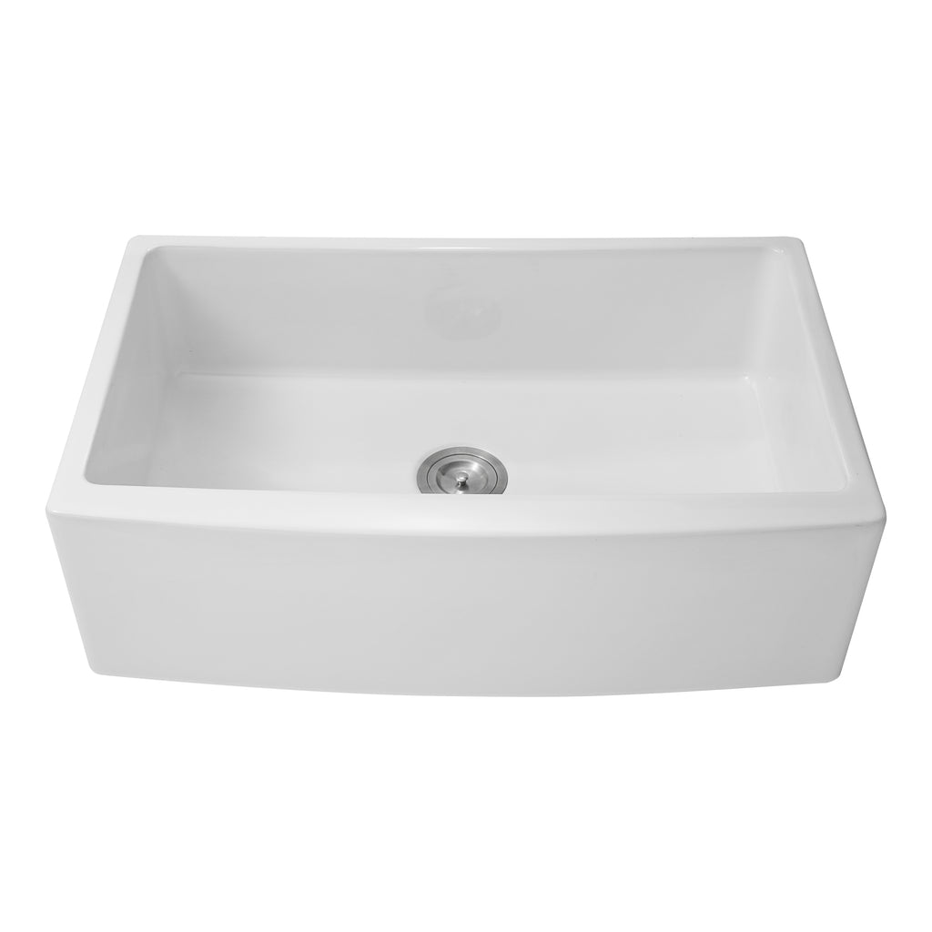 Dcolora 33''x21''x10'' White Farmhouse Sink, Curved Apron Front Fireclay Porcelain Ceramic Single Bowl Basin