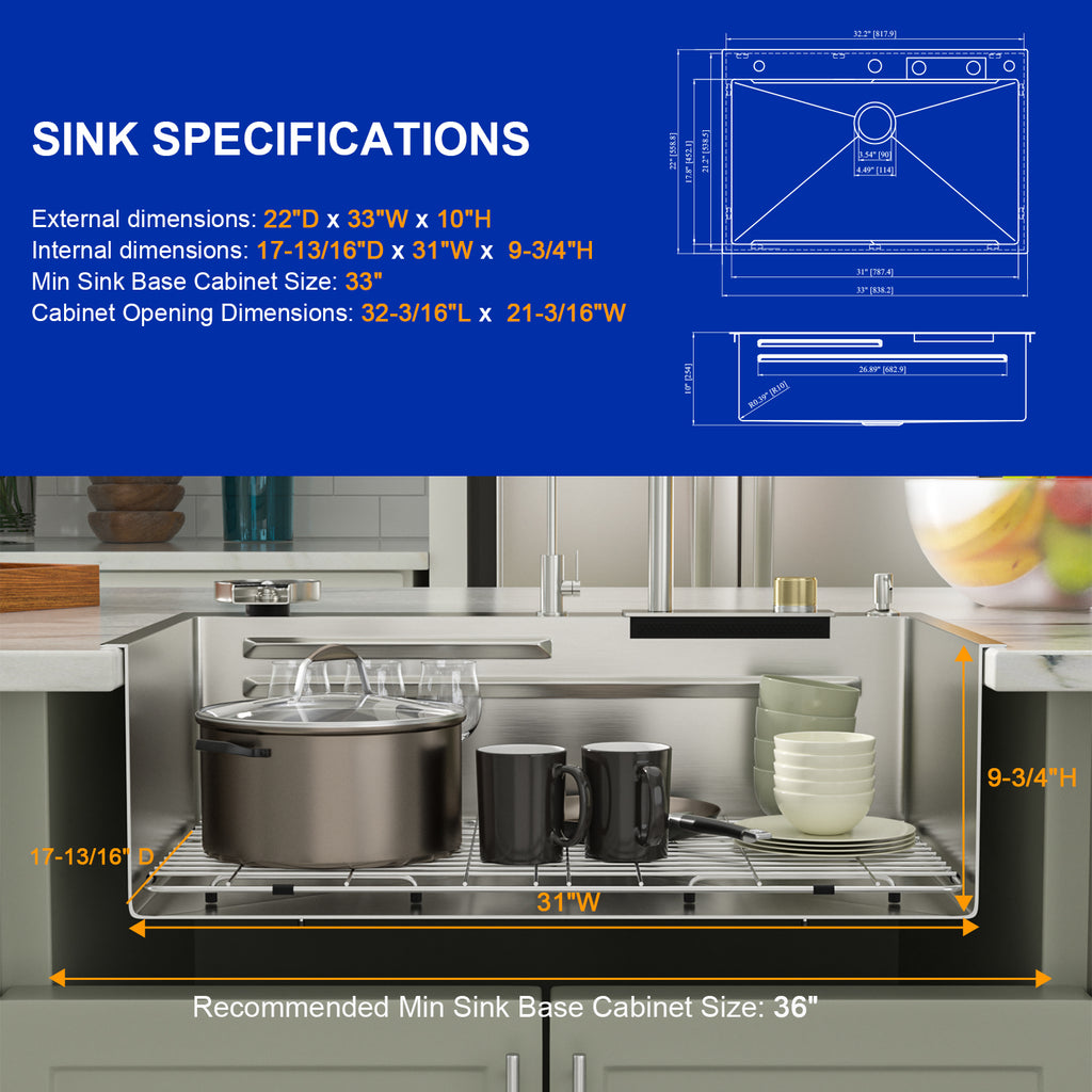 Dcolora 33''x22'' Brushed Nickel Waterfall Kitchen Sink, Smart Workstation Drop-In Single Bowl Multifunctional Top Mount Basin with Faucet Combo, 16 Gauge 304 Stainless Steel
