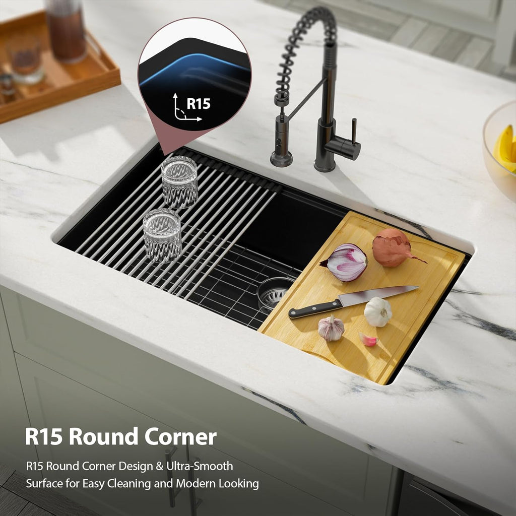 Dcolora 33 inches Granite Composite Kitchen Sink Workstation Black Undermount Single Bowl Large Kitchen Sink 33''W x 19''D x 10''H, DC-GU7743