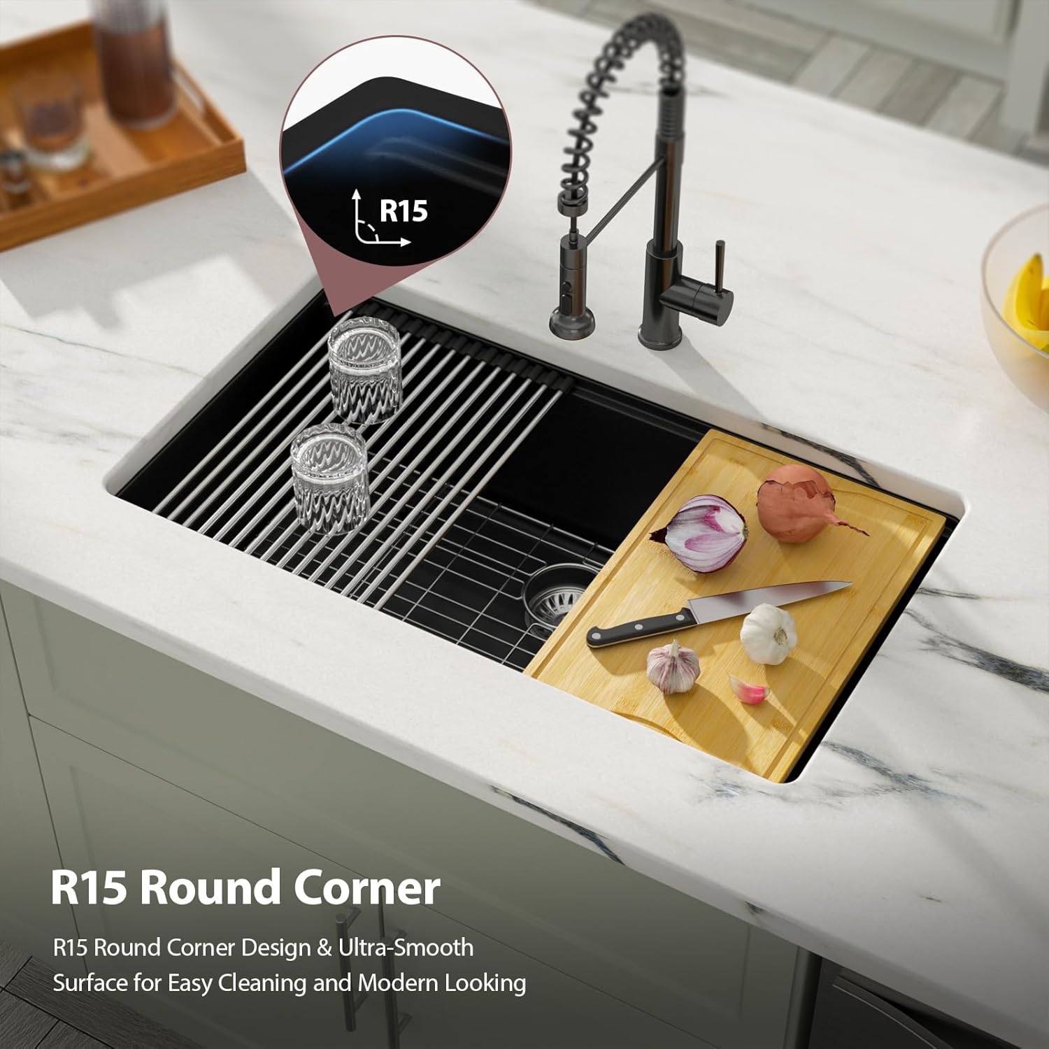 Dcolora 33 inches Granite Composite Kitchen Sink Workstation Black Undermount Single Bowl Large Kitchen Sink 33"W x 19"D x 10"H, DC-GU7743