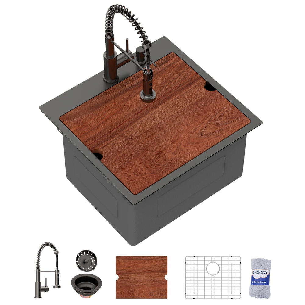 21" × 20" × 12" Matte Black Drop-In Workstation Stainless Steel Laundry / Utility Sink with Faucet – DC-SFDOE00183