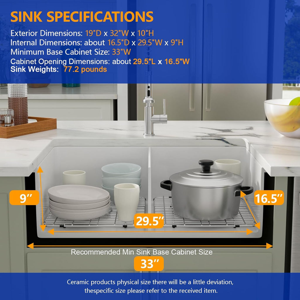 Dcolora 32''x19''x10'' White Undermount Kitchen Sink, 50/50 Split Double Bowl Fireclay Porcelain Dual Mount Ceramic Basin