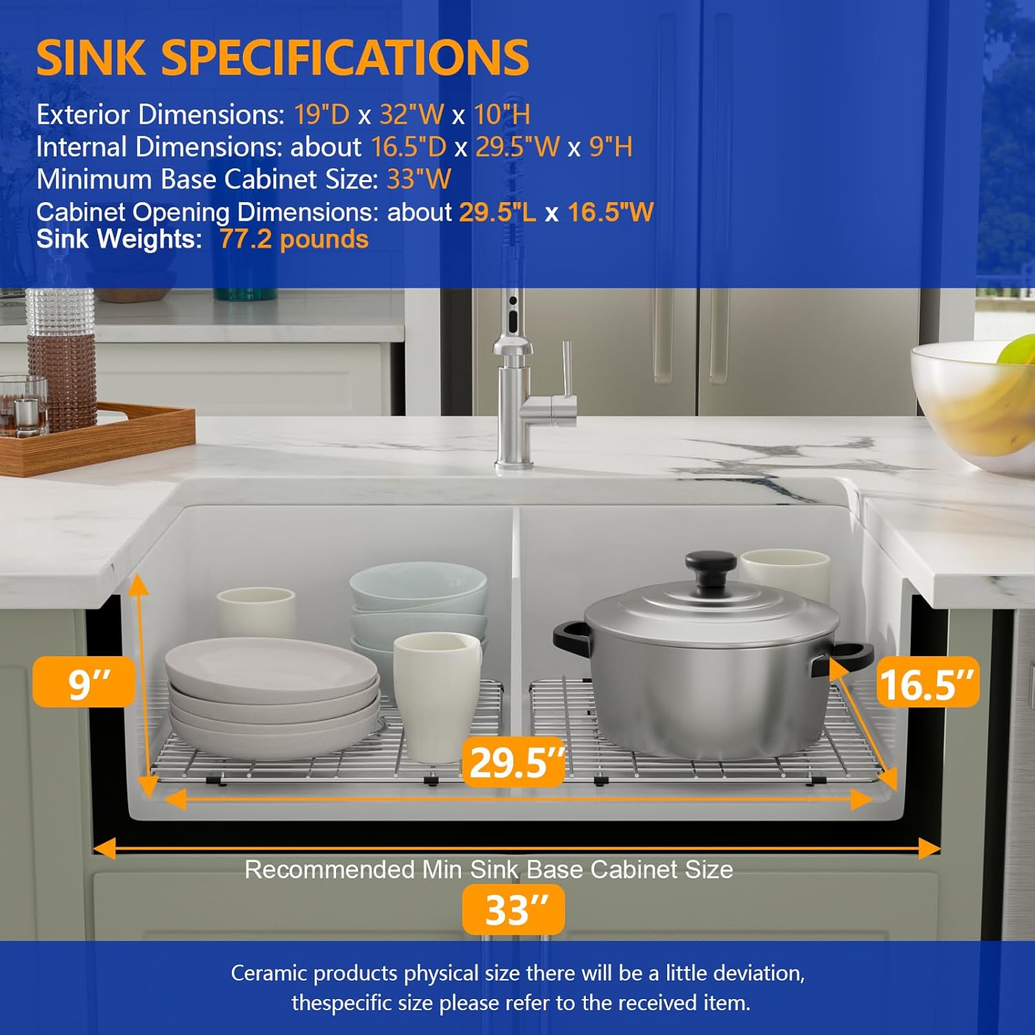 Dcolora 32 Inch White Fireclay Undermount Kitchen Sink Porcelain Double Bowl 50/50 Split Sinks Dual Mount Ceramic Sink Under Counter, 32''x19¡°x10'', DC-U7837