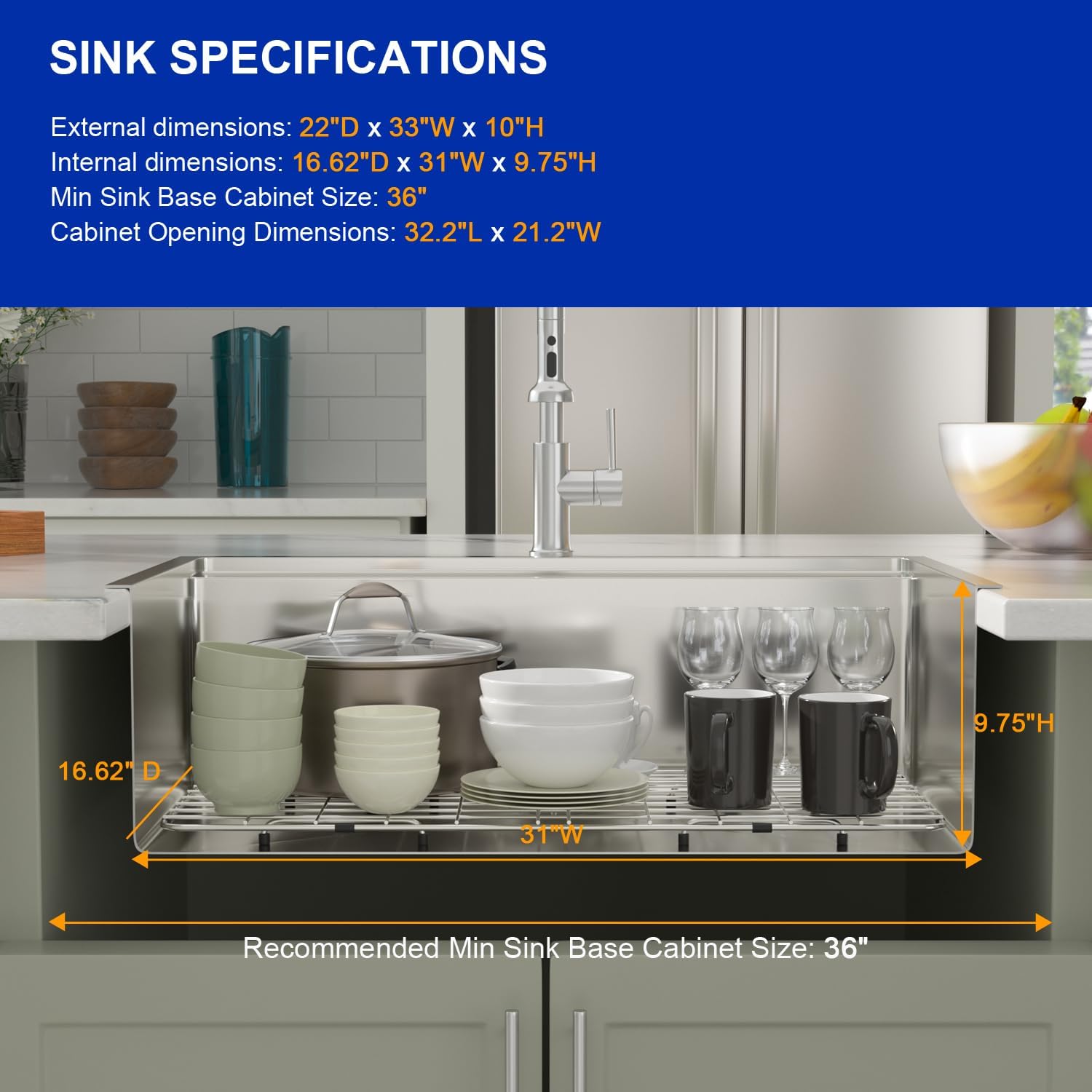 Dcolora 33x22 Drop In Kitchen Sink Workstation 16 Gauge 304 Stainless Steel Single Bowl Topmount Sinks, Round Corner 33"x22"x10", DC-T7741