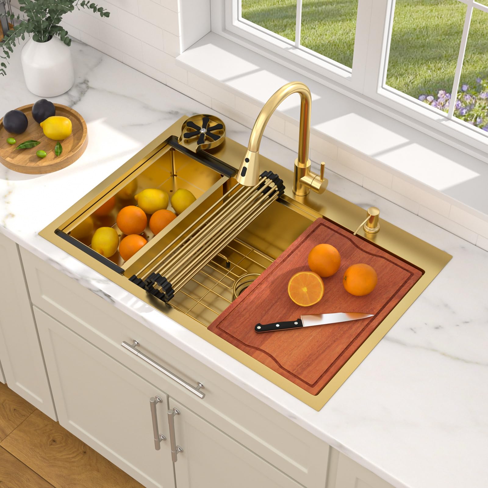 Dcolora DC-T2533013GW 33-inch drop-in kitchen sink in Nano-PVD gold