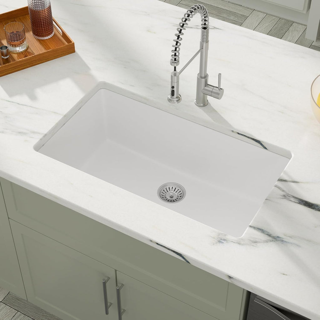 Dcolora 33''x19'' White Quartz Composite Undermount Kitchen Sink, Deep Single Bowl Basin, Round Corner