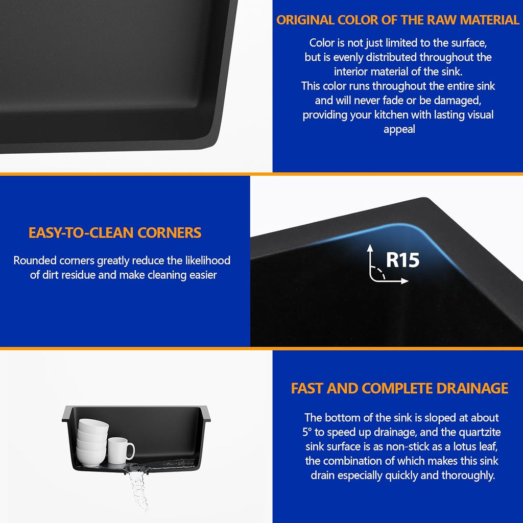 Dcolora 18''x16'' Black Quartz Composite Wet Bar Sink, Undermount Single Bowl Small Prep Kitchen Basin for RV