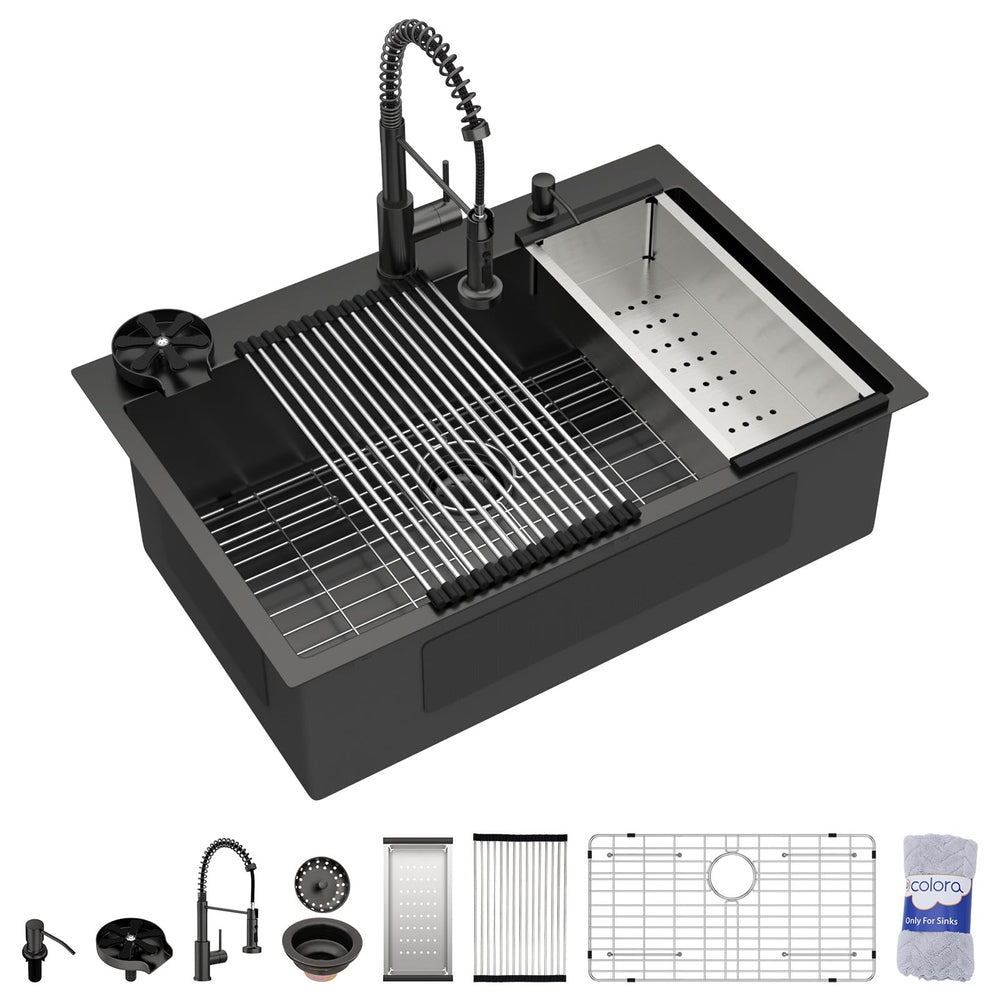36" × 22" Matte Black Drop-In Workstation Stainless Steel Kitchen Sink with Faucet & Cup Washer – DC-NSD26203008