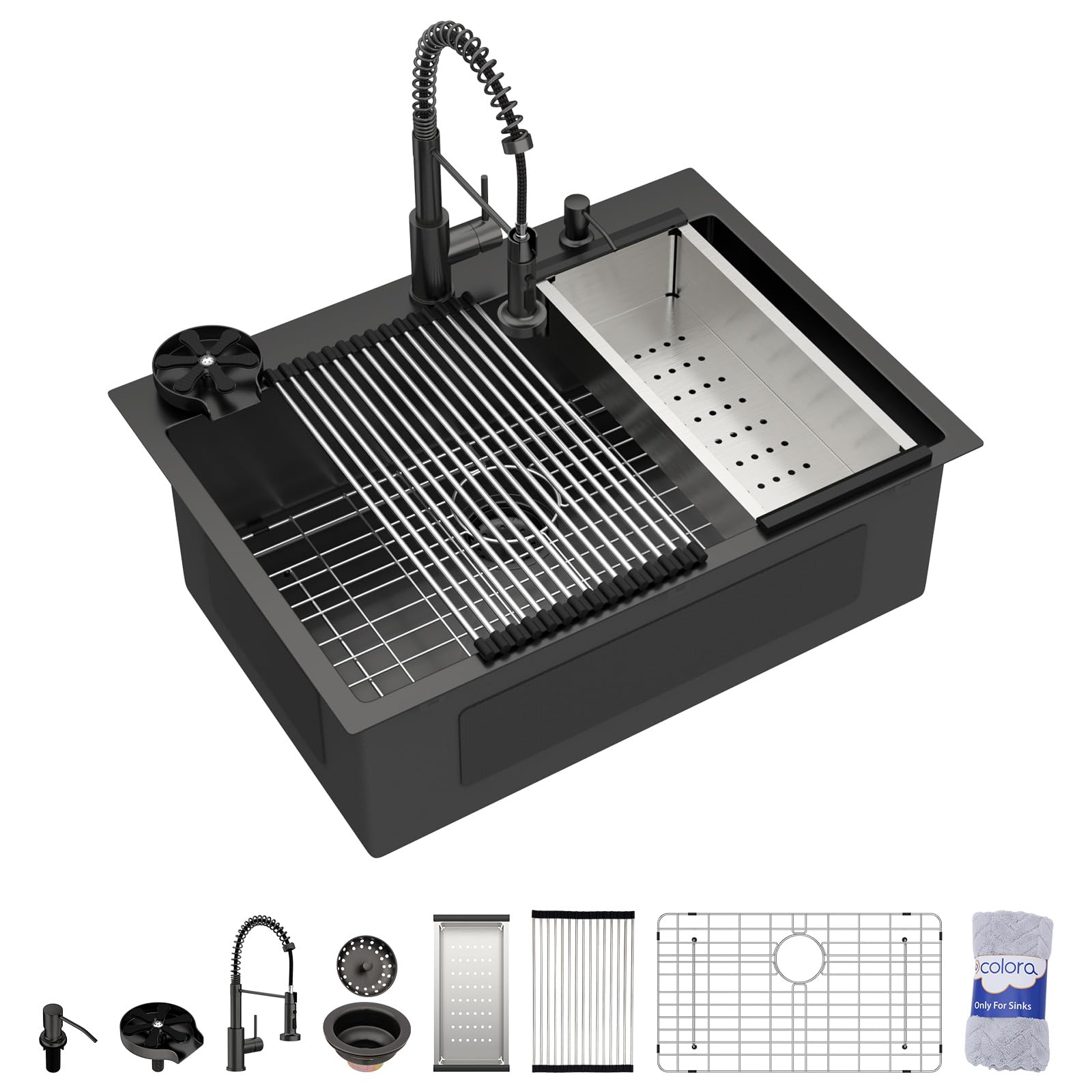Dcolora DC-NSD26203006 30-inch drop-in kitchen sink in nano-pvd matte black