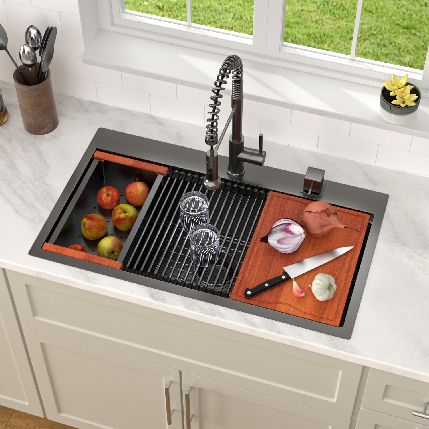Dcolora DC-T7763 33-inch drop-in kitchen sink in Nano-PVD gunmetal black