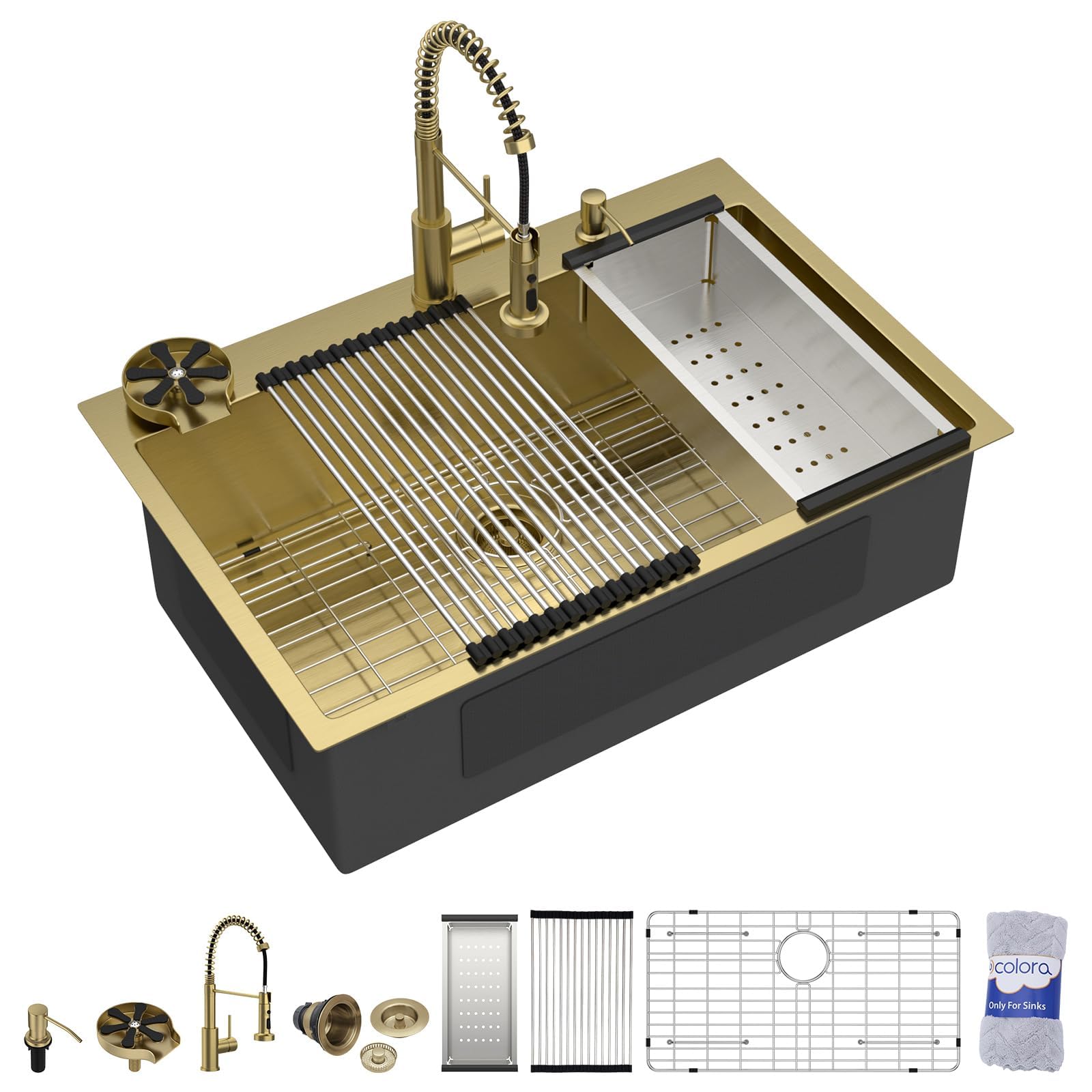 Dcolora DC-NSD26203012 33-inch drop-in kitchen sink in nano-pvd gold