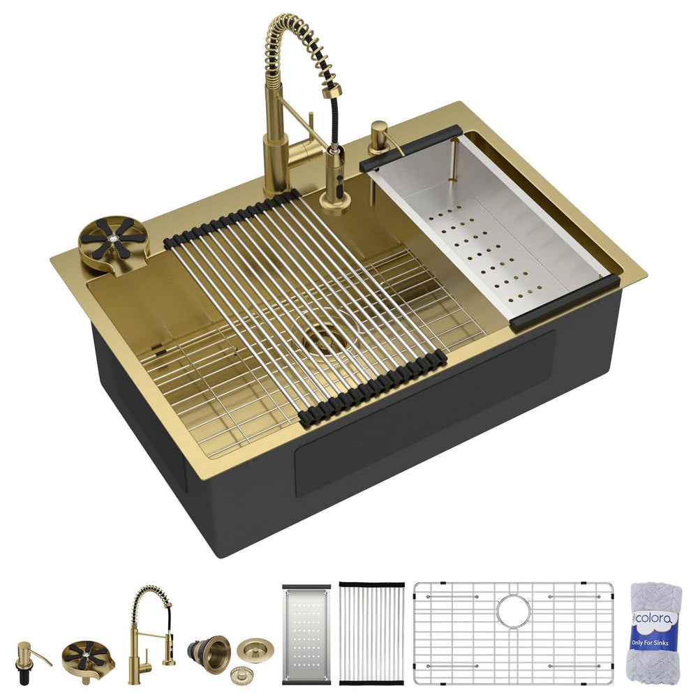 36" × 22" Gold Drop-In Stainless Steel Kitchen Sink with Faucet & Cup Washer – DC-NSD26203013