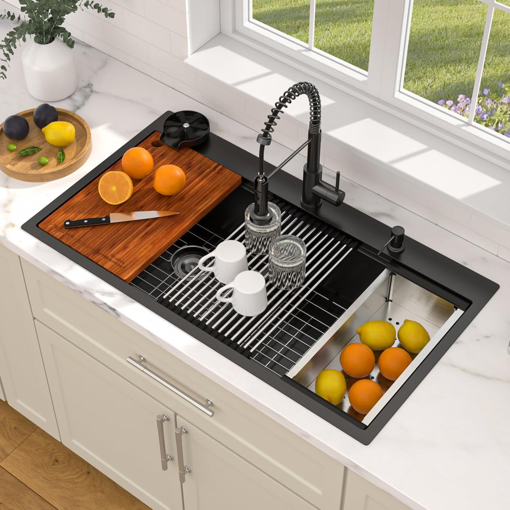 39" × 21" Matte Black Drop-In Workstation Stainless Steel Kitchen Sink with Faucet & Cup Washer – DC-SFDOE00138