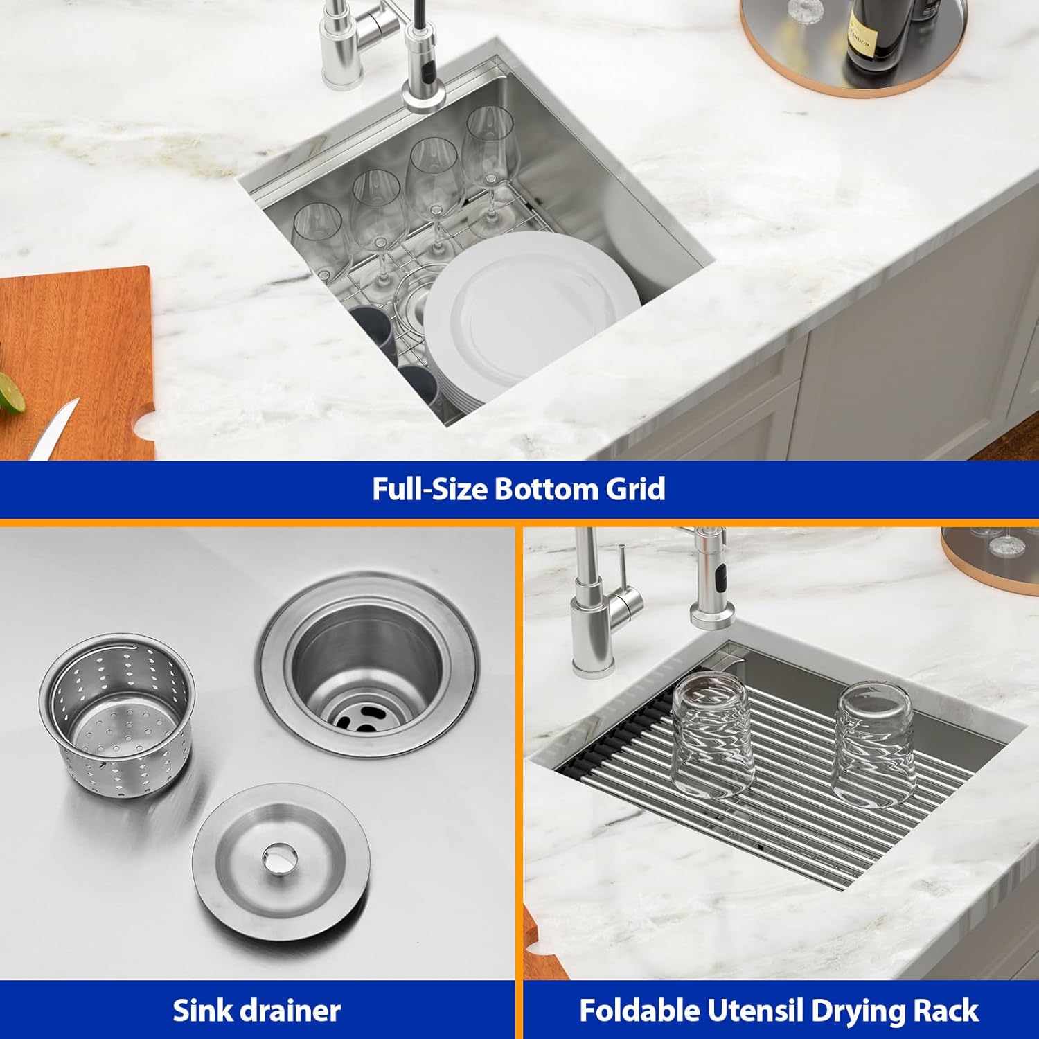 Dcolora 17 Inch Undermount Bar Sink Workstation Stainless Steel Kitchen Sink Bar Prep with Ledge Round Corner X Grooves 16 Gauge Single Bowl RV Camper DC-U7735