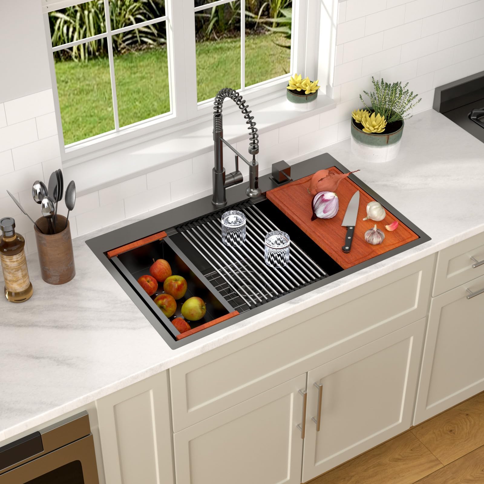 Dcolora DC-T8863 30-inch drop-in kitchen sink in Nano-PVD gunmetal black