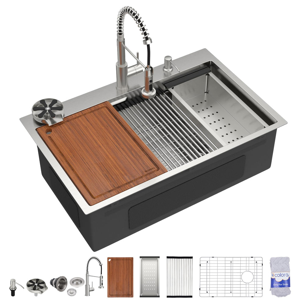 30" × 21" Drop-In Workstation Stainless Steel Kitchen Sink with Faucet & Cup Washer – DC-NSD26203018