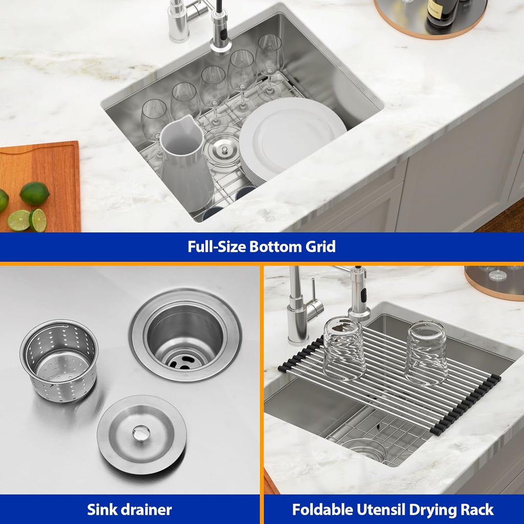 Dcolora 23''x18''x10'' Undermount Kitchen Wet Bar Sink, 16 Gauge Stainless Steel Deep Single Bowl Under Counter Basin, Rounded Corner