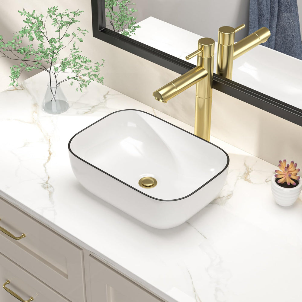 14.5" × 10" Rectangular White Ceramic Vessel Bathroom Sink with Black Rim – DC-VS0002