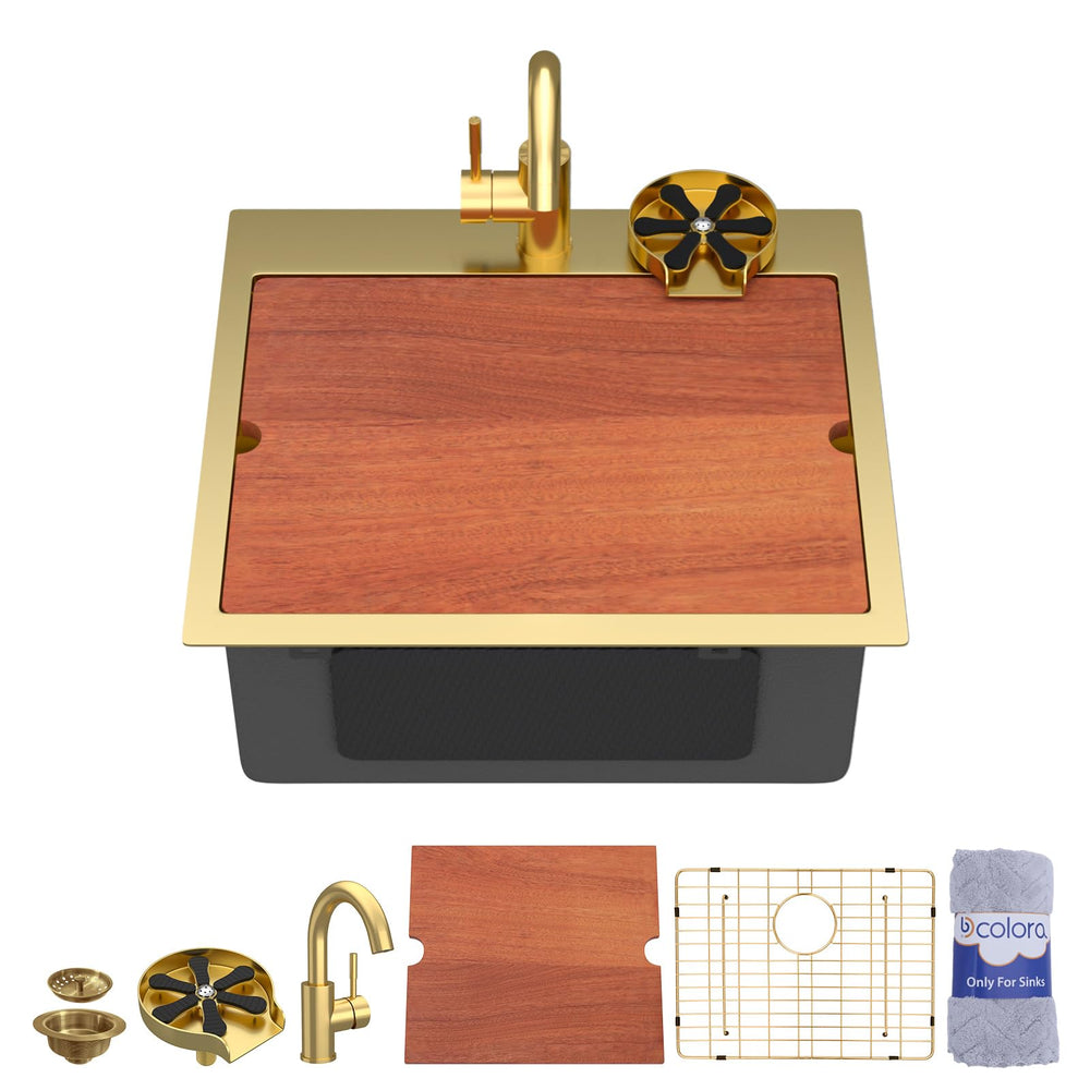 20" × 18" Gold Drop-In Workstation Stainless Steel Bar / Prep Sink with Faucet & Cup Washer – DC-SFDOE00180