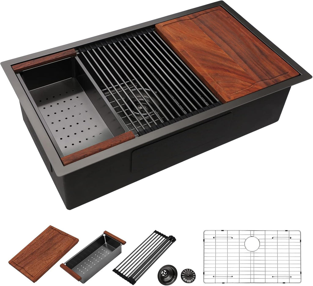 Dcolora 30''x19''x10'' Gunmetal Black Undermount Kitchen Sink Workstation, 16 Gauge Stainless Steel Single Bowl Basin