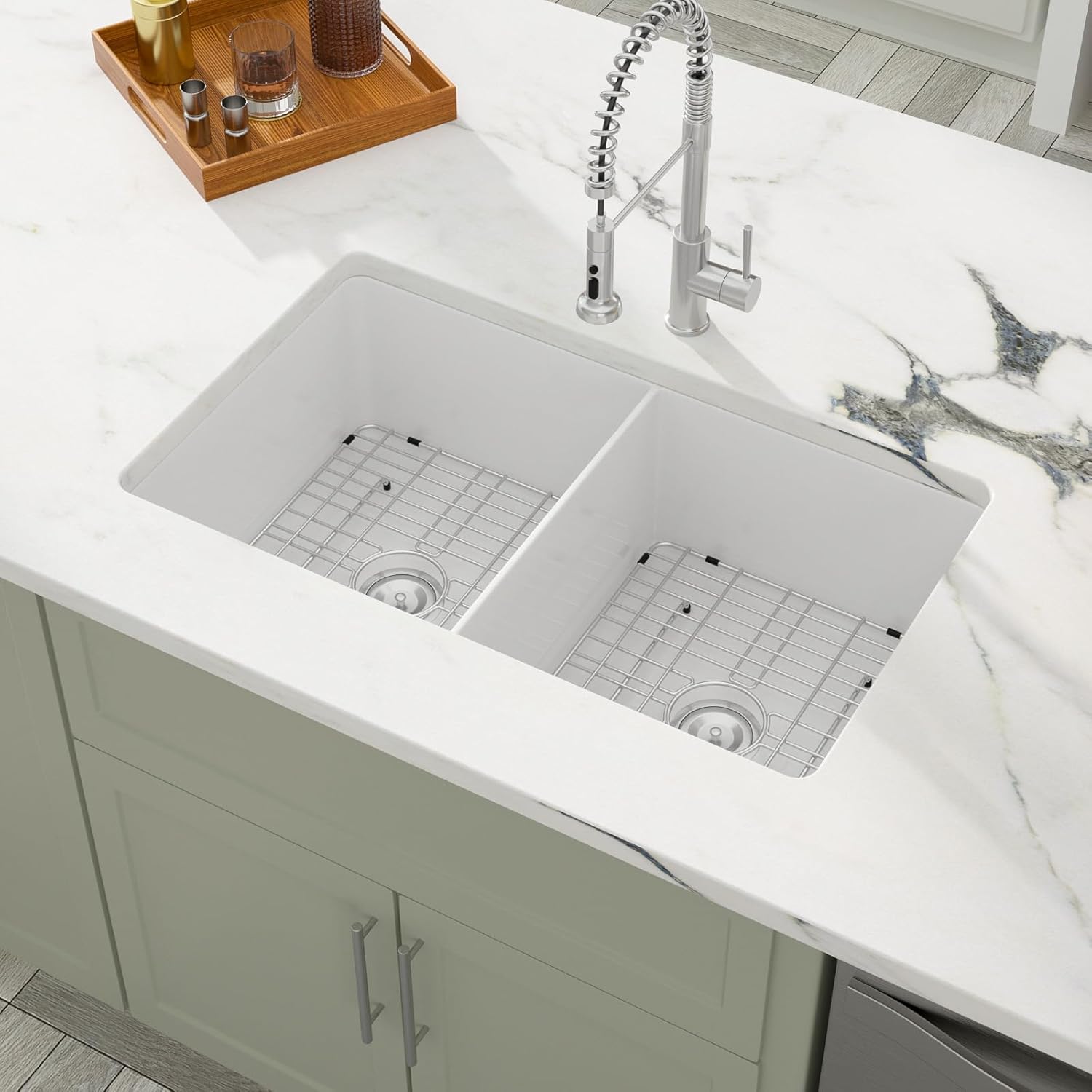 Dcolora 32 Inch White Fireclay Undermount Kitchen Sink Porcelain Double Bowl 50/50 Split Sinks Dual Mount Ceramic Sink Under Counter, 32''x19¡°x10'', DC-U7837