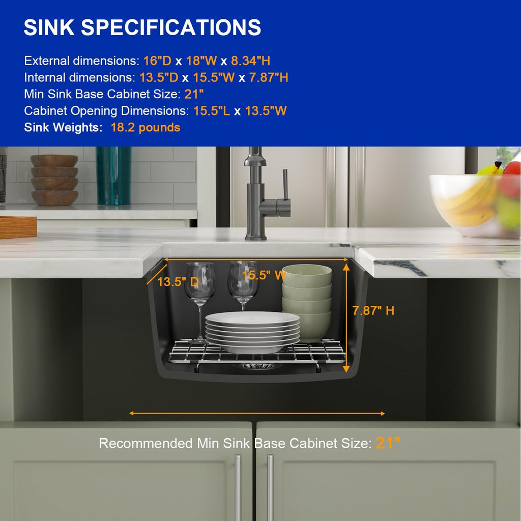 Dcolora 18''x16'' Black Quartz Composite Wet Bar Sink, Undermount Single Bowl Small Prep Kitchen Basin for RV