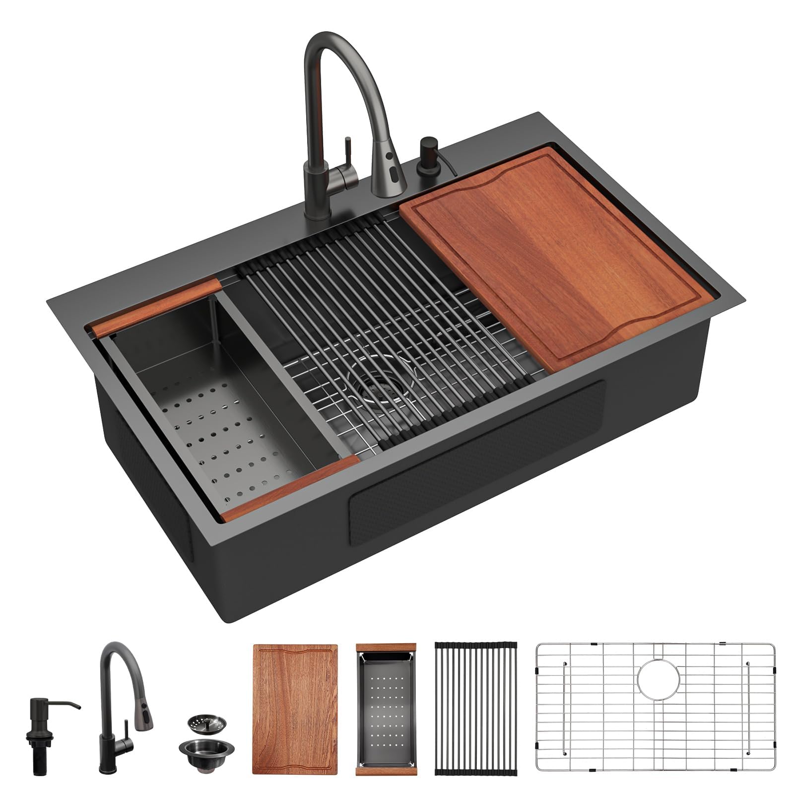 Dcolora DC-NSDF26203203 36-inch drop-in kitchen sink in Nano-PVD gunmetal black