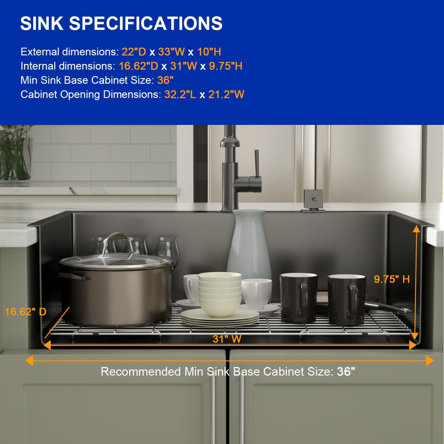 Dcolora 33 Inch Black Drop in Kitchen Sink Workstation Stainless Steel Gunmetal Black 16 Gauge 304 Stainless Steel Topmount Sink Single Bowl Extra Large Basin Kitchen Sinks,DC-T7765